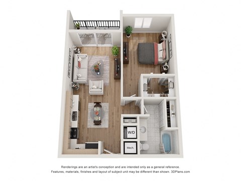 a stylized floor plan of a 1 bedroom unit with a bathroom and a balcony
